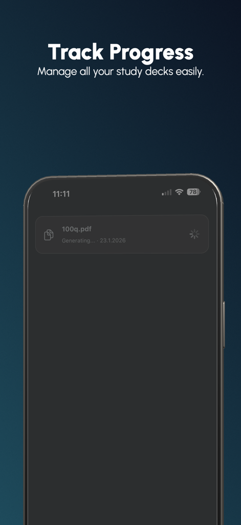 EduSwipe: AI Flashcards & SRS - EduSwipe app interface for managing and tracking the progress of AI generated study decks