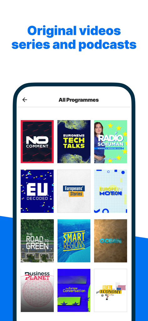 Euronews: World news & live TV - Pantalla de la aplicación Euronews que muestra una cuadrícula de series de video originales y podcasts, incluidos No Comment y Tech Talks.