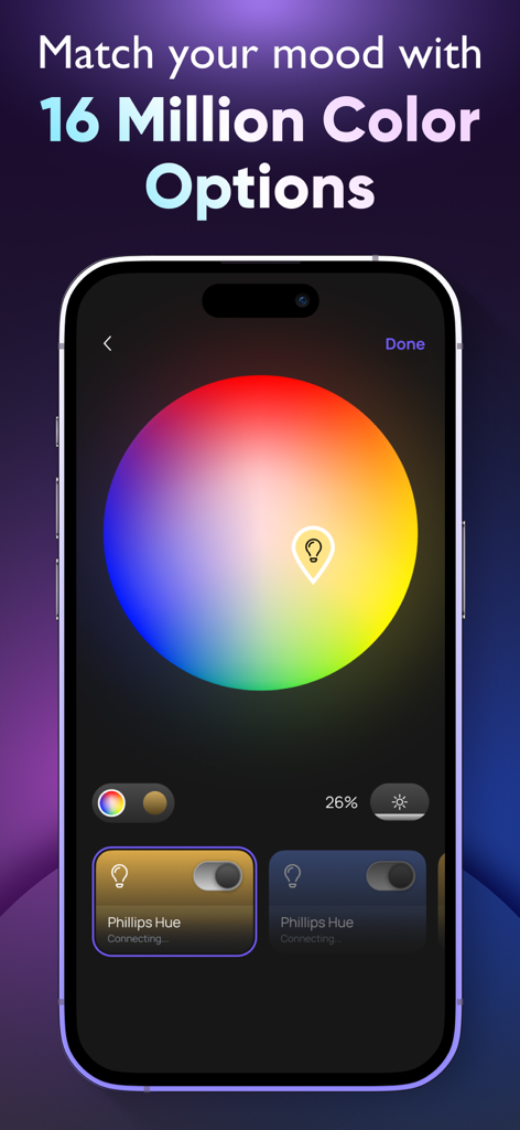 Smartphone screen showing a color wheel for smart led light control