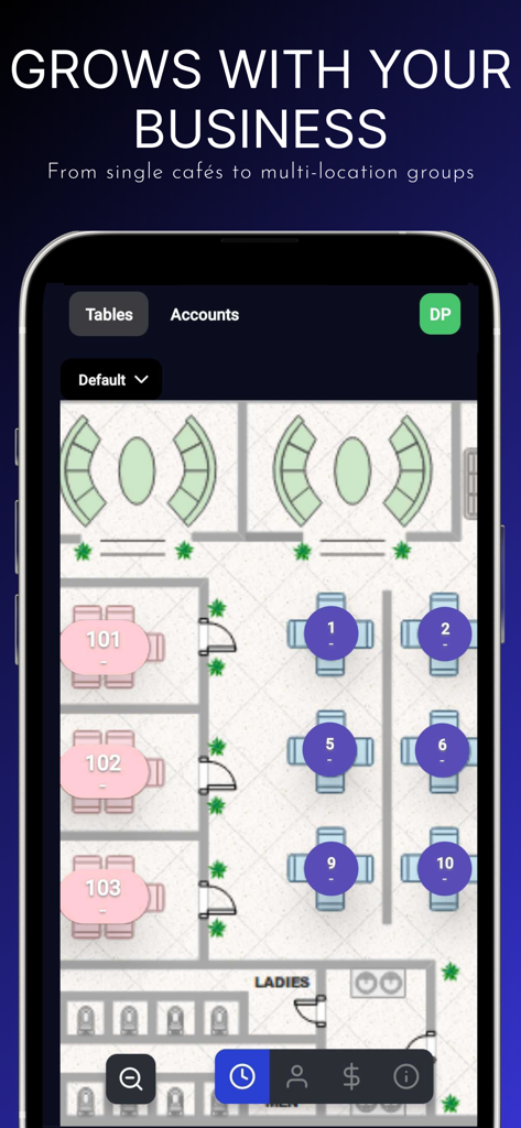 Sally POS - Sally POS mobile App-Screenshot, der einen Restaurant-Tischplan und eine Benutzeroberfläche zur Verwaltung des Grundrisses zeigt.