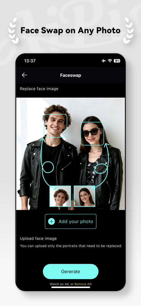 AiPic-Wonder AI Art Generator - Interface of the AiPic app showing the face swap tool on a photo of two people.