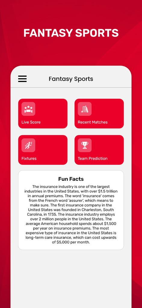 Dream Team 11 Live Cricket - Dream Team 11 앱 인터페이스에 라이브 점수, 최근 경기, 경기 일정, 팀 예측 버튼 표시