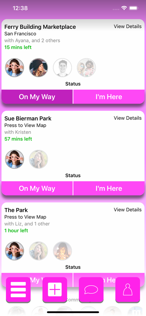 MeetHere - meetup with friends - Interface of the MeetHere app showing a list of active meetups with location details and status update buttons.