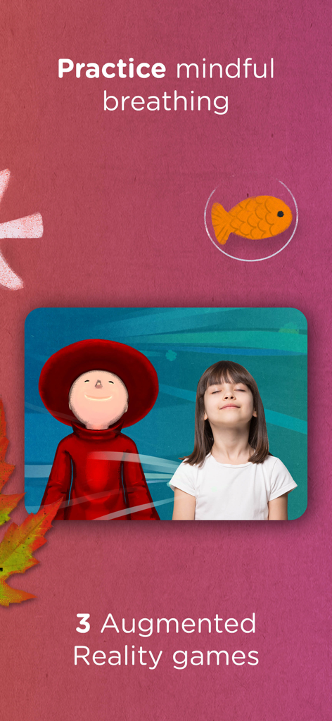 A young girl practicing mindful breathing alongside an animated character in an augmented reality game