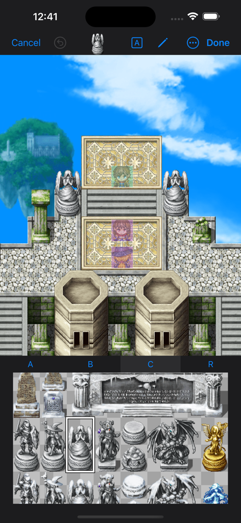 Interfaz de la aplicación móvil Mapper MZ mostrando el diseño de niveles de juego con un menú de selección de tilesets en la parte inferior