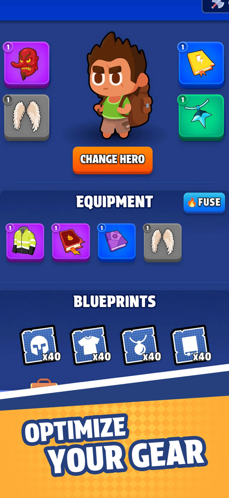 Bag Fight - A screenshot of the Bag Fight equipment menu showing hero gear and blueprints