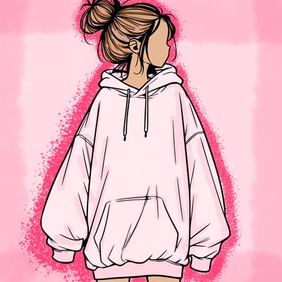 realistic girl with a oversized sweatshirt on and a bun