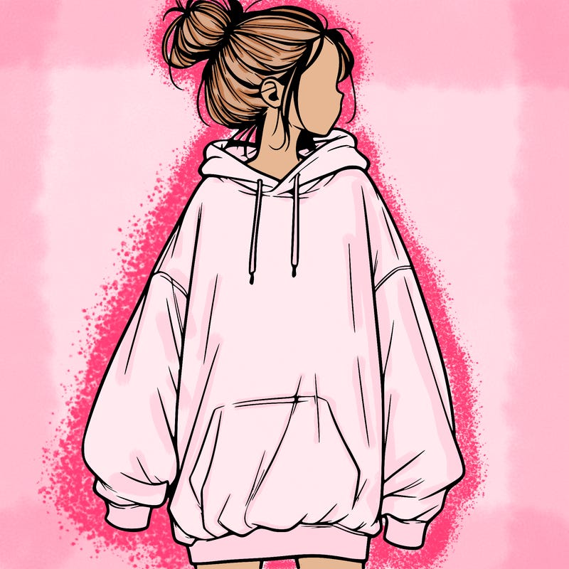 realistic girl with a oversized sweatshirt on and a bun