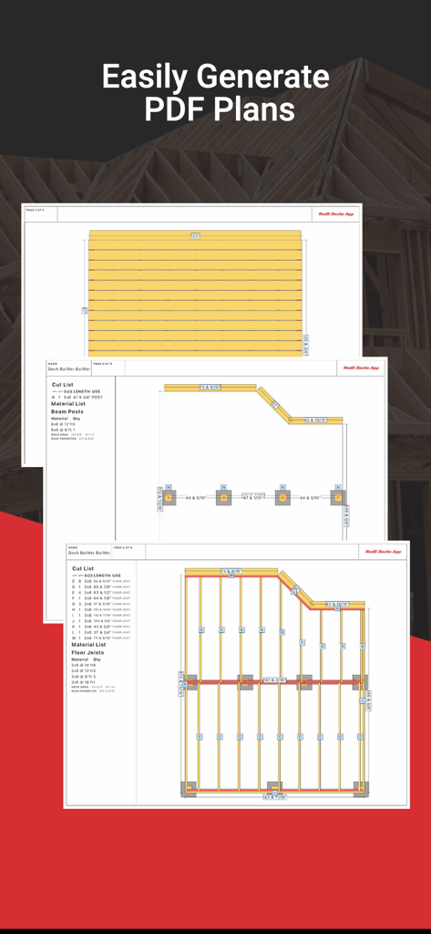 RedX Decks - 3D Deck Builder - アプリによって生成された2Dデッキ建設図面と材料カットリスト