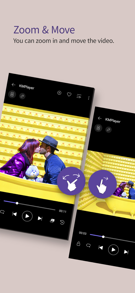 KMPlayer+ Divx Codec - Screenshot of KMPlayer app highlighting the zoom and move video feature with hand gesture icons