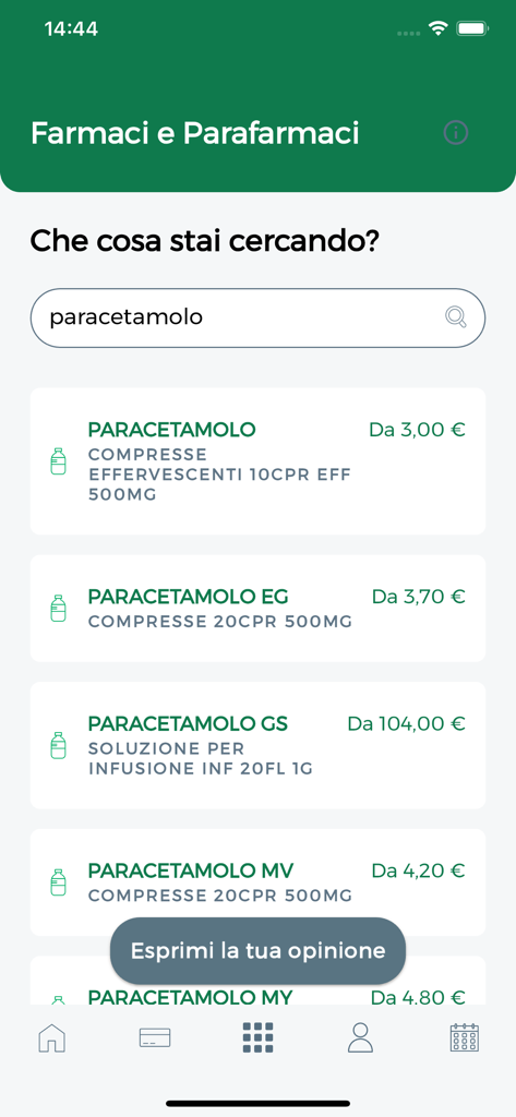 SiSalute Up per CASSABNL - SiSalute Up mobile app screen showing search results for paracetamol with pricing and product details