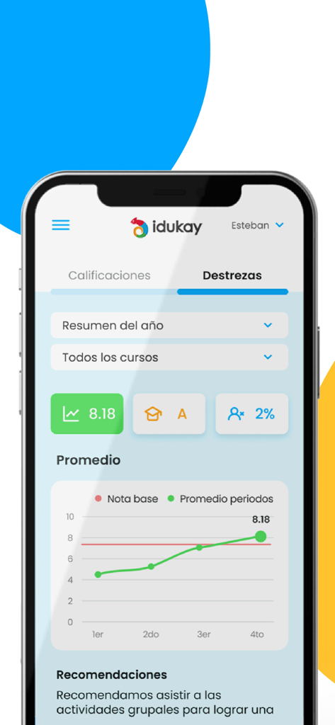 Mobile app interface of Idukay Familias showing student academic progress with a line chart and grade averages.