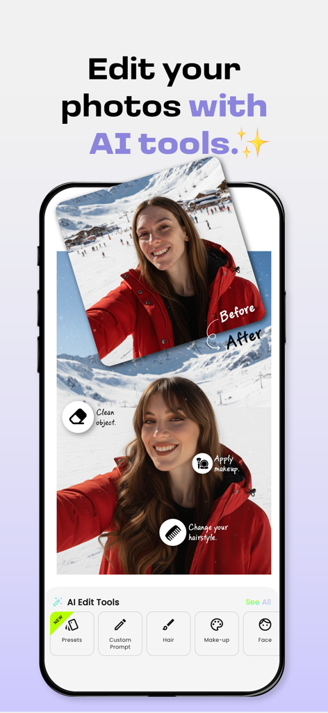 AI Effects & Filters - Bloom - Screenshot of the Bloom app showing a before and after comparison of a woman portrait with AI edits for makeup hair and object removal