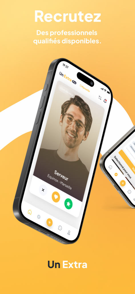 Un Extra - Mobilbildschirm, der ein Kellnerprofil in der Un Extra App mit Optionen zur Einstellung qualifizierter Fachleute zeigt.
