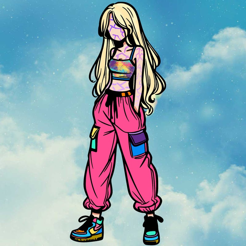 girl in baggy pants crop top and long hair