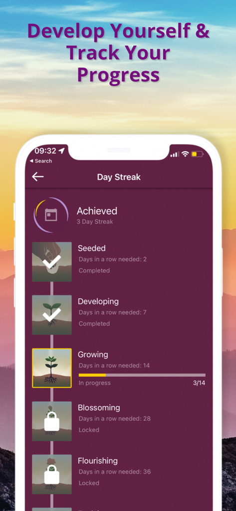 Deep Sleep Hypnotherapy - Interfaz de una aplicación móvil que muestra un rastreador de racha de días con hitos temáticos de crecimiento de plantas como 'sembrado', 'en desarrollo' y 'creciendo'