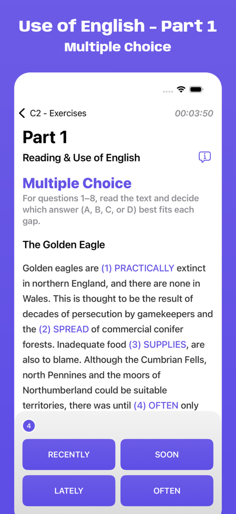 Simulatore d'esame Cambridge C2 che mostra un esercizio a scelta multipla di Reading and Use of English