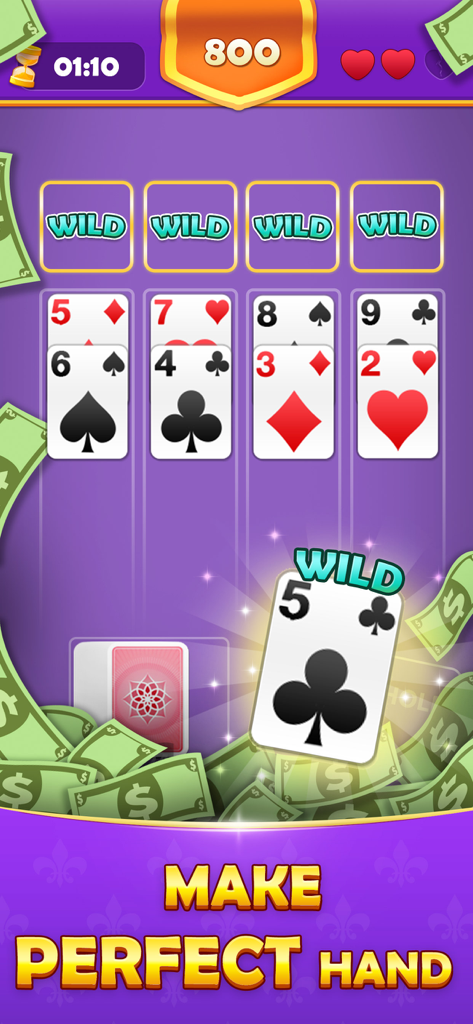 21 Solitaire: Cash Card Game - Gameplay screen of 21 Solitaire showing card stacks and a perfect hand prompt with cash graphics.