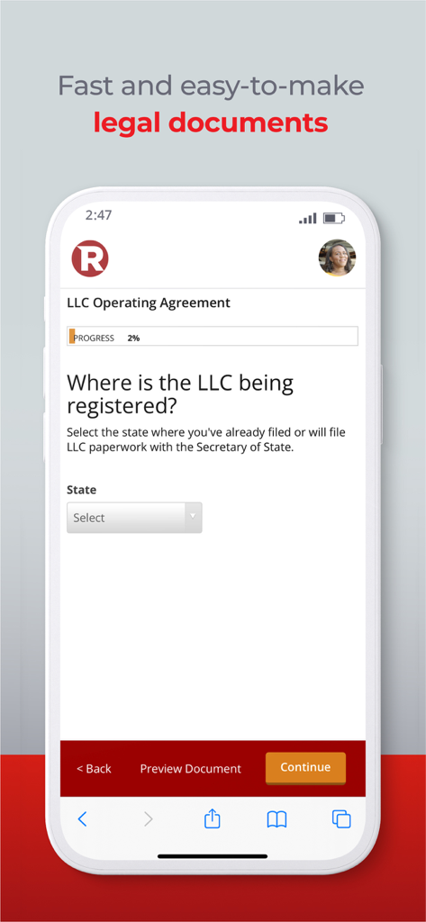 Rocket Lawyer Legal & Law Help - Rocket Lawyer mobile app interface showing a step in creating an LLC Operating Agreement.
