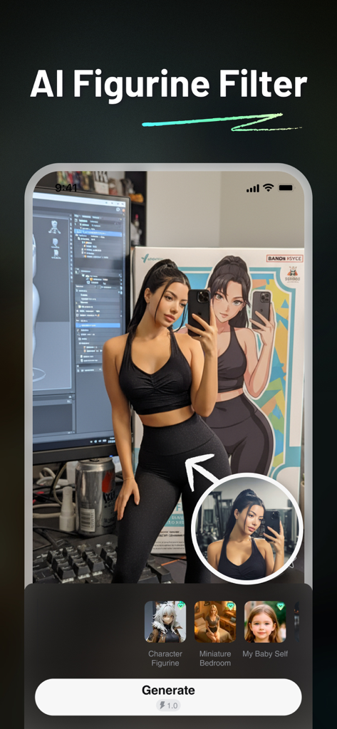 VioAI app screen displaying the AI Figurine Filter feature turning a woman's photo into a stylized toy character box