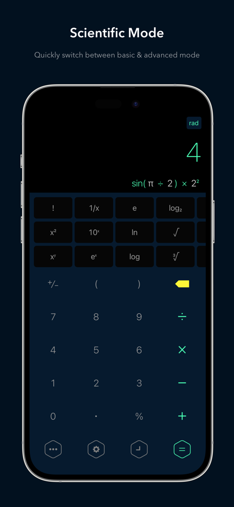 Calzy app interface showing scientific calculator mode with advanced mathematical functions on a dark theme