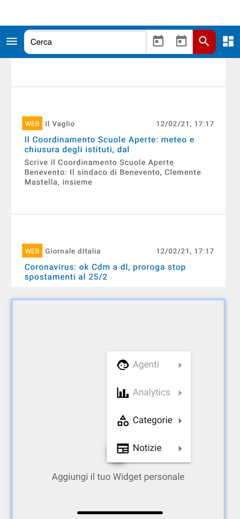 Interfaccia dell'app VoloPress che mostra un feed di notizie web e un menu per analisi e categorie.
