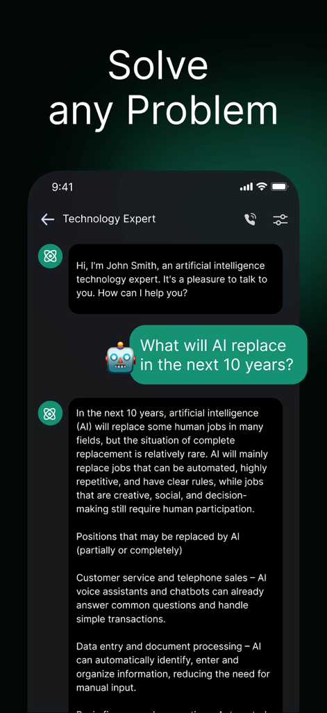 ChatGOAT AI -ChatBot Assistant - Interfaz de la aplicación ChatGOAT AI que muestra una conversación con un experto en tecnología de IA sobre el futuro de la IA y el reemplazo de empleos.