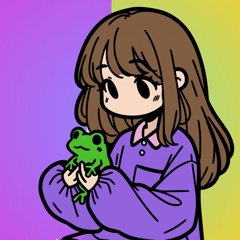 girl with long hair and a oversized shirt. and she is holding a frog