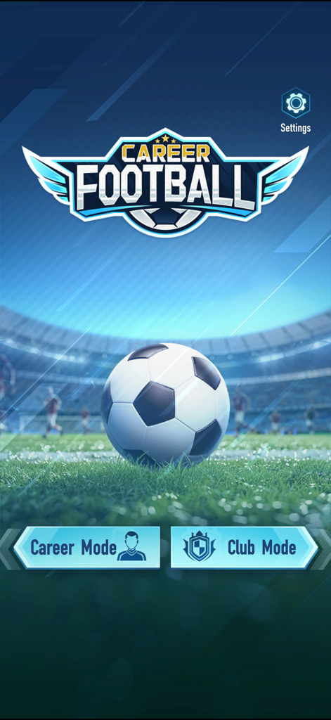 Football Career - Soccer Games - Main menu screen of Football Career soccer game with Career Mode and Club Mode options and a soccer ball in a stadium