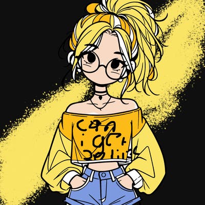 girl with a messy ponytail glasses a baggy crop top and jean shorts