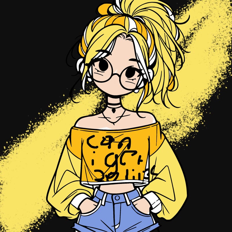 girl with a messy ponytail glasses a baggy crop top and jean shorts