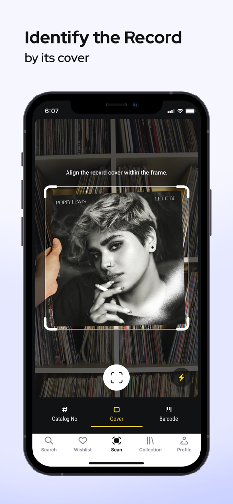 Smartphone app scanning a vinyl record cover to identify the album