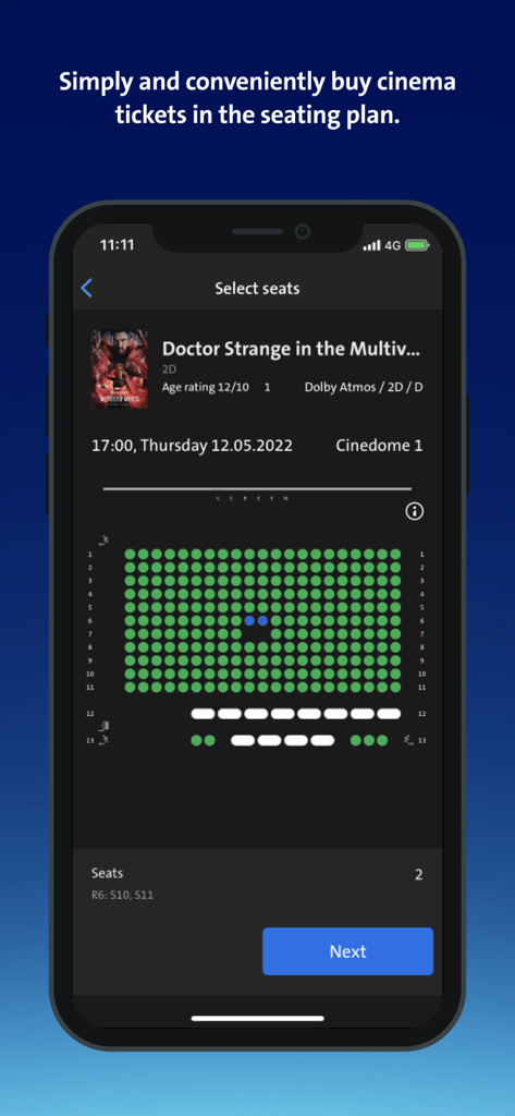 Swisscom blue Cinemaアプリでの映画チケット予約のための座席選択画面。