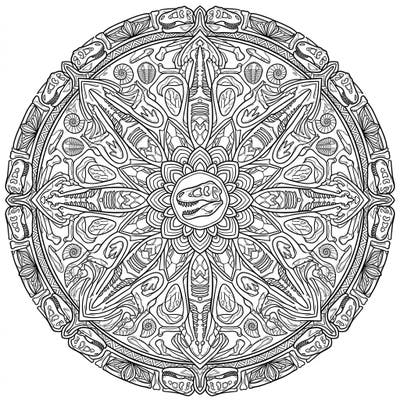 Discover a unique blend of prehistoric wonder and intricate design with this T-Rex Fossil Mandala coloring page. Explore the fascinating world of dinosaur fossils, beautifully rendered in a symmetrical pattern, perfect for a relaxing and engaging coloring experience.