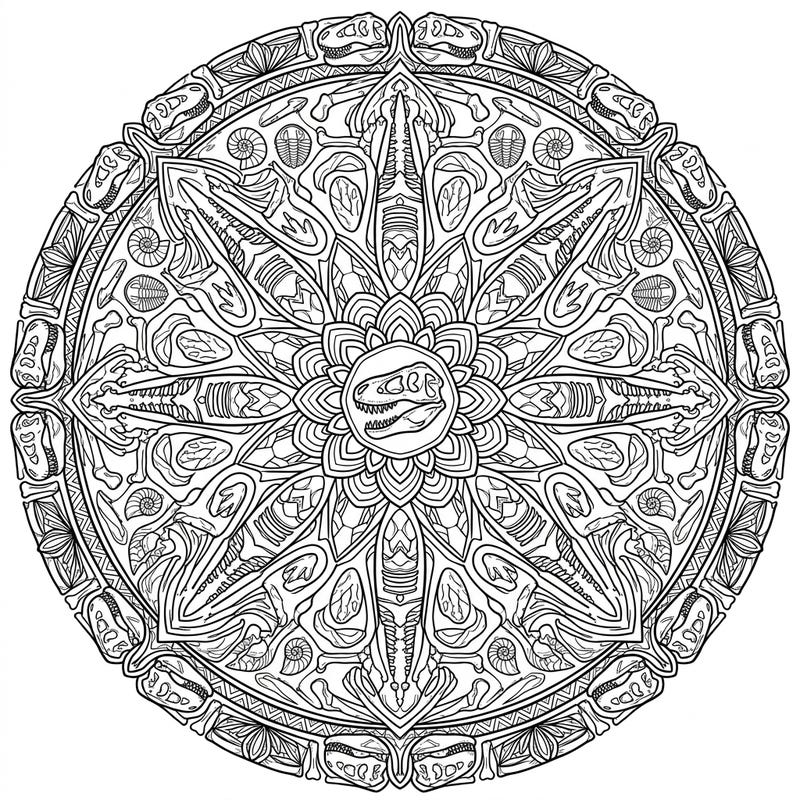 Discover a unique blend of prehistoric wonder and intricate design with this T-Rex Fossil Mandala coloring page. Explore the fascinating world of dinosaur fossils, beautifully rendered in a symmetrical pattern, perfect for a relaxing and engaging coloring experience.