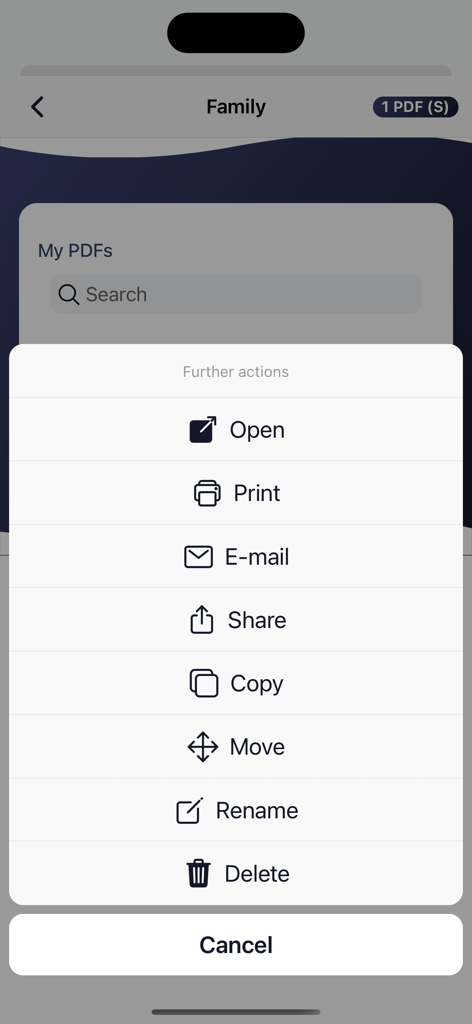 PDF Scanner Converter & Editor - Ein Menü mit Dokumentenaktionen in der PDF-Scanner-App, einschließlich Optionen zum Öffnen, Drucken, E-Mailen und Teilen von Dateien