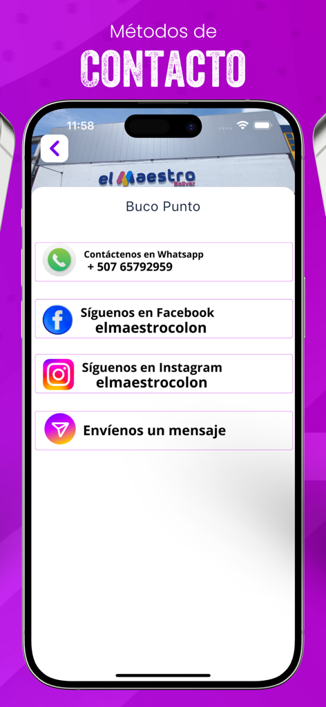 Pantalla de la app Buco Punto mostrando opciones de contacto, incluyendo WhatsApp, Facebook e Instagram.