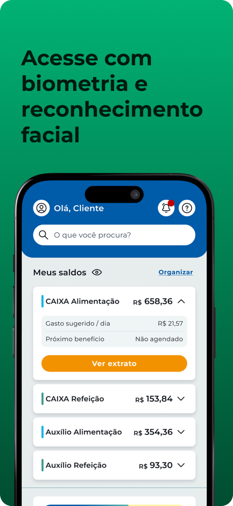 Interfaz de la aplicación Caixa Refeicao e Alimentacao mostrando saldos de beneficios de alimentación y funciones de inicio de sesión biométrico