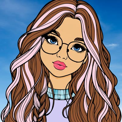 girl with long hair and freckles and glasses realistic