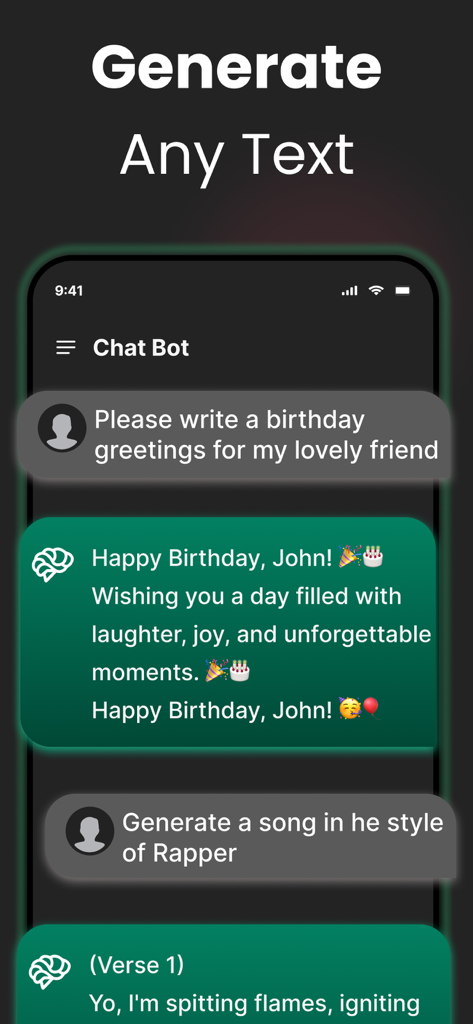 Mobile app screen showing AI generating birthday wishes and rap lyrics.