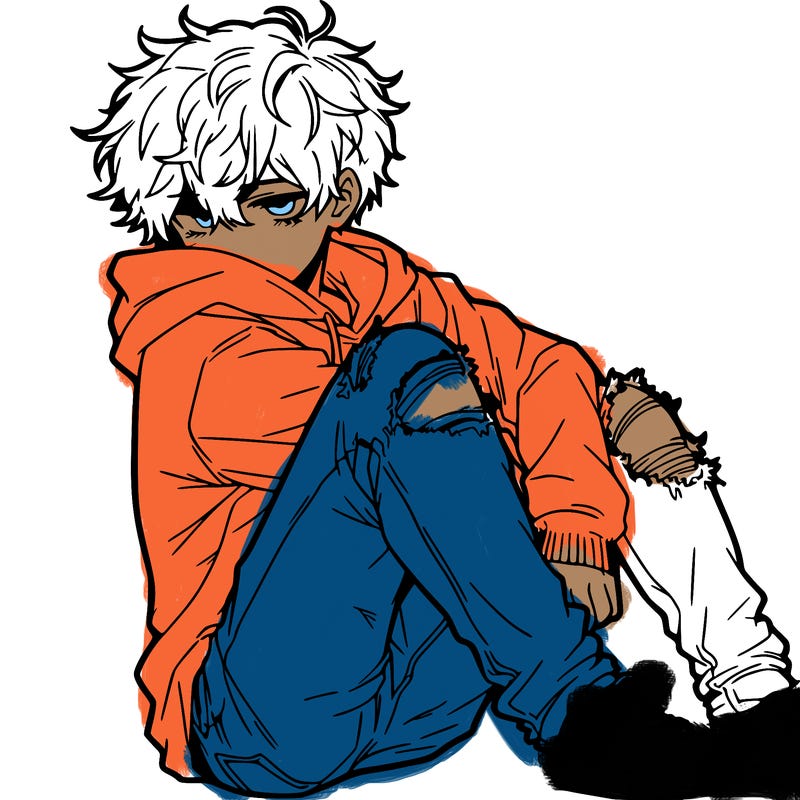 a male hoddie ripped jeans messy hair anime