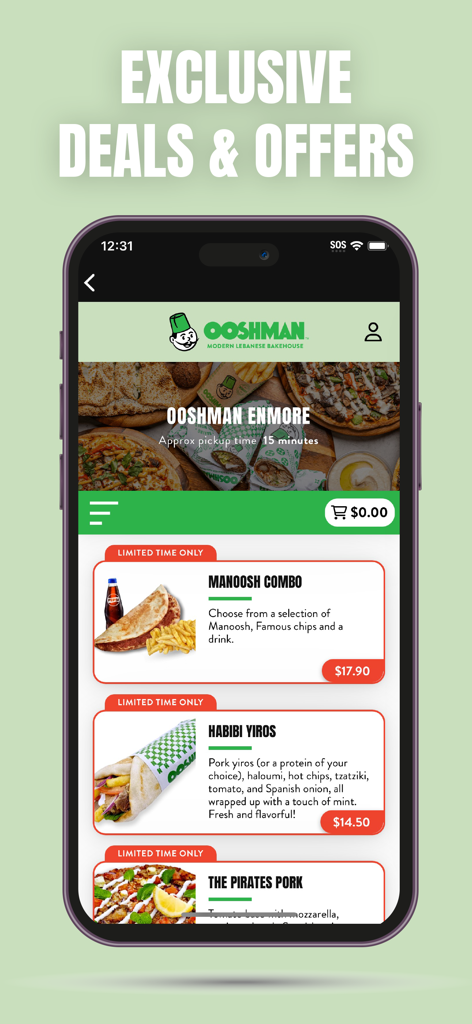 OOSHMAN - OOSHMAN app screen showing exclusive food deals including Manoosh Combo and Habibi Yiros