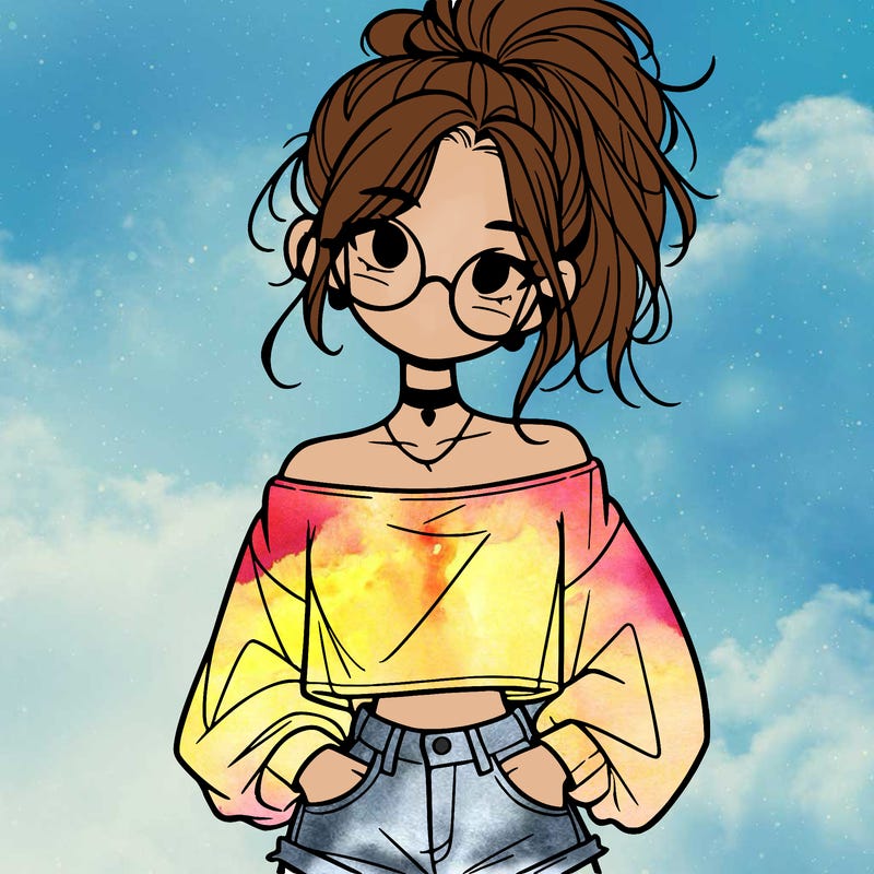 girl with a messy ponytail glasses a baggy crop top and jean shorts