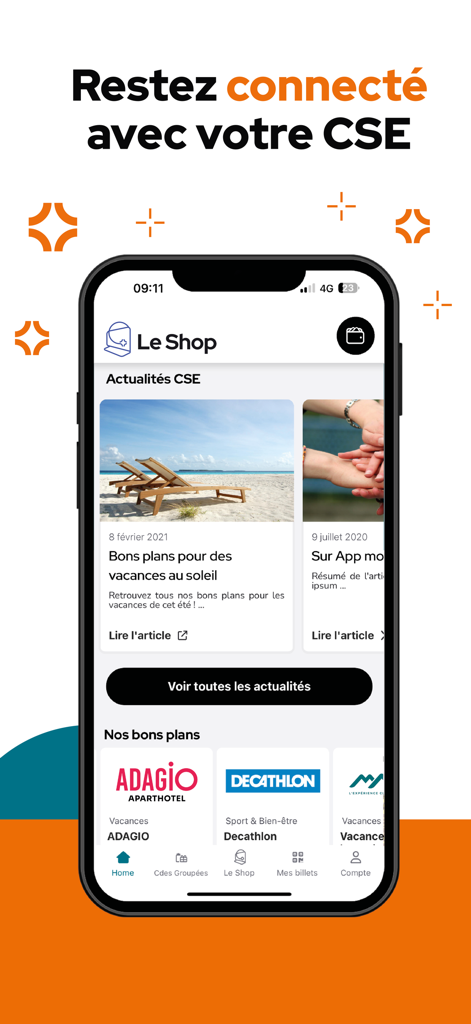 advanGO mobile app interface showing employee benefits and corporate news