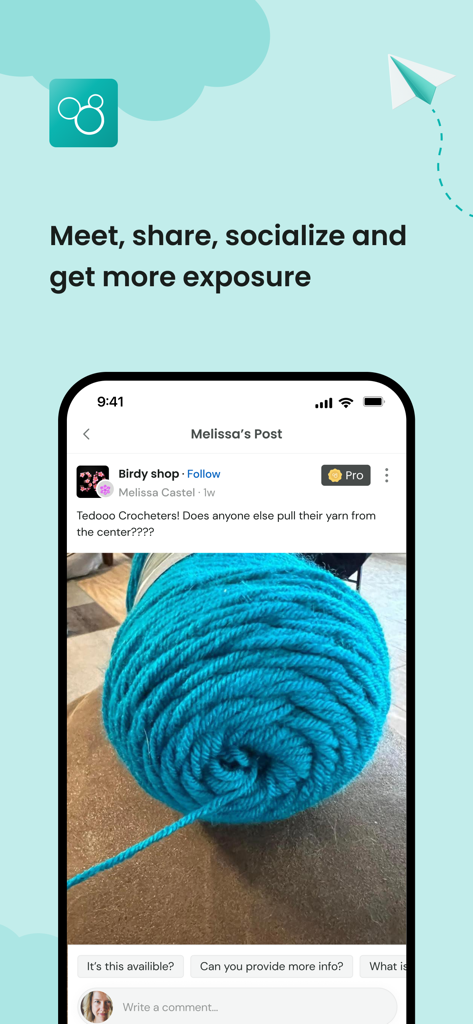 Tedooo - A social media post on the Tedooo app showing a blue ball of yarn for a crochet community discussion