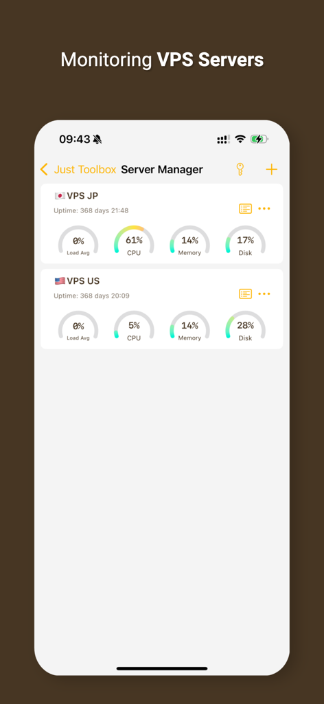 Just Toolbox App zeigt Echtzeit-VPS-Serverüberwachung für CPU-, Speicher- und Festplattenauslastung