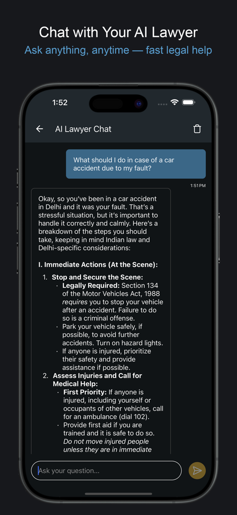 AI Lawyer: Legal Assistant - Schermata di uno smartphone che mostra l'app Avvocato IA fornire passaggi legali dopo un incidente d'auto.