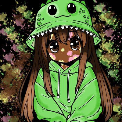 girl with anime shaped eyes with a dinosaur bucket hat oversized sweatshirt long straight hair