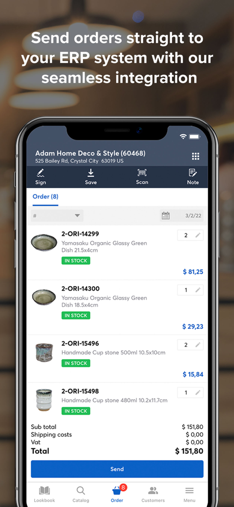 App4Sales - Écran de commande mobile App4Sales montrant une liste d'articles avec l'état du stock et l'intégration ERP.