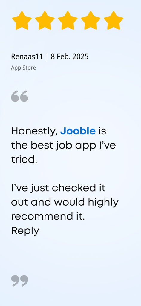 Reseña de usuario de la aplicación Jooble en la tienda con cinco estrellas y texto de testimonio positivo.